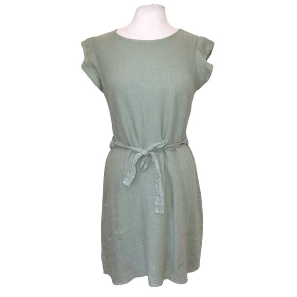 Terzo Millennio Dresses & Skirts - Terzo Millennio of Italy Sage Green 100% Linen Belted Flutter Sleeve Sundress M